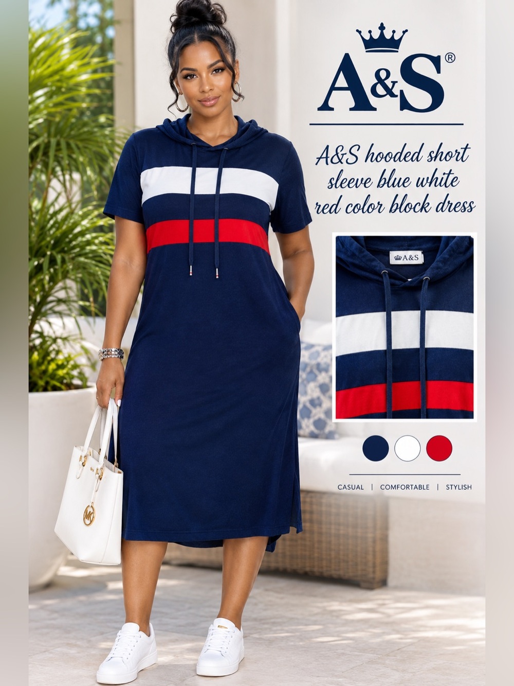 A&S | Women's Navy Hooded Short Sleeve Colorblock Dress